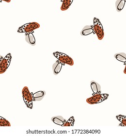 Nahtlose Hintergrund-Toadstool-Pilz geschlechtsneutrales Babymuster. Einfache minimale Erdung 2 Töne Farbe. Kinder Kindermädchen Tapete oder Boho Cartoon Tiermode auf dem ganzen Druck.