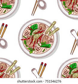 seamless background of tom kha. appetizing traditional Thai soup with chicken. Hand-drawn illustration