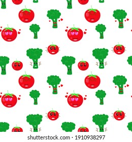 Seamless background with tomatoes and broccoli. Vector vegetables symbols, repeating pattern. Background for packaging, children's illustration.