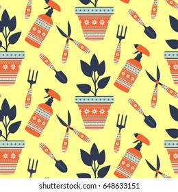 Seamless background from tools for gardening. Pattern.