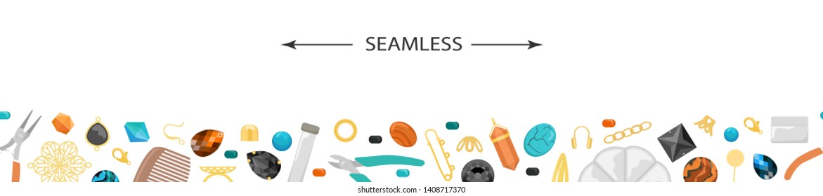 Seamless background with tools and materials for handmade jewelry. Beads, accessories, rhinestones. Creation of handmade jewelry.
