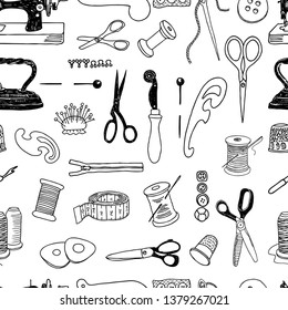 Seamless background of tools for sewing