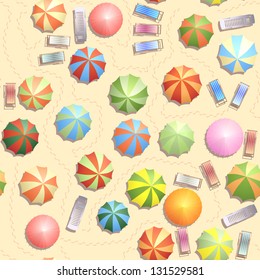 Seamless Background Of Top View Of Many Umbrellas And Deck Chair (sunbed), Footprints On Beach.