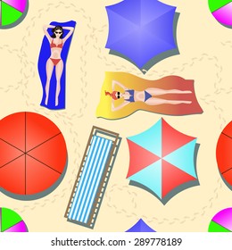Seamless background of top view of many umbrellas and deck chair (sunbed), footprints on beach, girls in bikinis. Vector