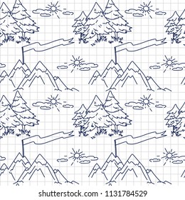 Seamless background for tourism and hiking in hand drawn style, can be used for summer camp,  vector illustration