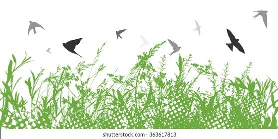 Seamless Background Tracing grass with birds. Vector