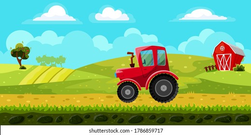 seamless background with a tractor, barn, tree on the background of a meadow. Vector landscape for games, children, printing, websites