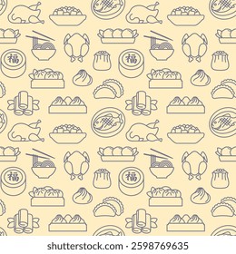 Seamless background with traditional Chinese dishes. Vector outline pattern