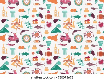 Seamless background with traditional symbols of culture, nature and cuisine of Sicily