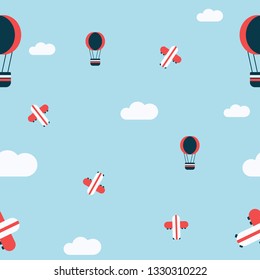 Seamless Background: Travel concept. There are airplane, balloon and clouds in flat design vector