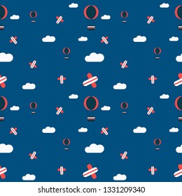 Seamless Background: Travel concept. There are airplane, balloon and clouds in flat design vector