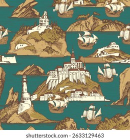 seamless background with travel theme. Old map with islands, lighthouses and sailboats in vintage style. Wallpaper, wrapping paper, fabric, t-shirt design. No AI used