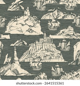 seamless background with travel theme. Old map with islands, lighthouses and sailboats in vintage style. Wallpaper, wrapping paper, fabric, t-shirt design. No AI used