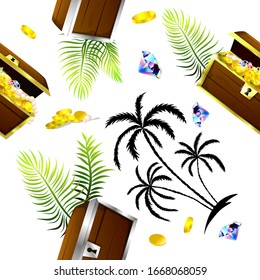 A seamless background of treasureand palm trees. Pirate chest. Vector illustration