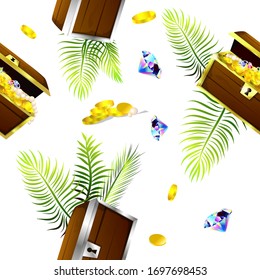 A seamless background of treasureand palm trees. Pirate chest. Vector illustration