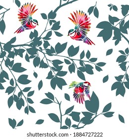 Seamless background . Tree branches and birds. Vector illustration