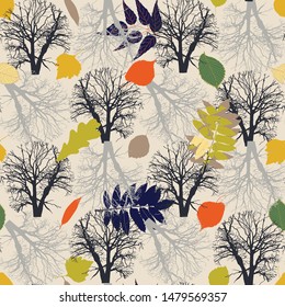 seamless background with tree and leaf, vector design for paper and fabric