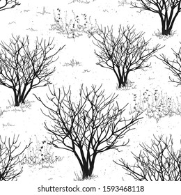 Seamless background with tree silhouettes. Black and white forest background.