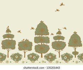 Seamless background with trees and birds. Vector illustration