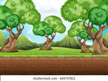 Seamless background with trees in garden illustration