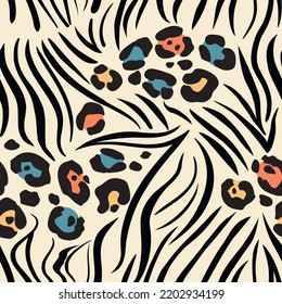 Seamless background of trendy exotic pattern with leopard skin and zebra stripes. Artistic collage of animal drawing. template for fabric design, cover, wallpaper.