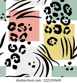 Seamless background of trendy exotic pattern with leopard skin and zebra stripes. Artistic collage of animal drawing. template for fabric design, cover, wallpaper.