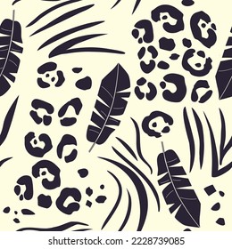 Seamless background of trendy exotic pattern with banana leaves, leopard skin and zebra stripes. Artistic collage of animal drawing. template for fabric design, cover, wallpaper.