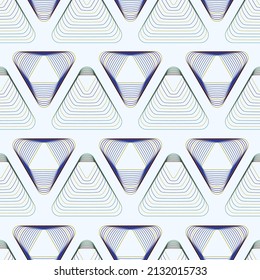 Seamless background with triangles. Triangles of blue and yellow stripes are arranged in rows on a light blue background. Vector illustration for packaging and business.