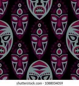 Seamless Background. Tribal Seamless Pattern with Color Masks for Print or Card. Ethnic Seamless Background with Color Trible Ritual Masks for your Design. Vector Texture.