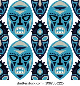 Seamless Background. Tribal Seamless Pattern with Color Masks for Print or Card. Ethnic Seamless Background with Color Trible Ritual Masks for your Design. Vector Texture.