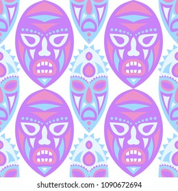 Seamless Background. Tribal Seamless Pattern with Color Masks for Card or Poster. Ethnic Seamless Background with Color Trible Ritual Masks for your Design. Vector Texture.
