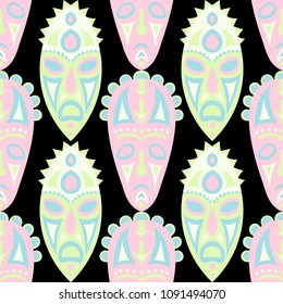 Seamless Background. Tribal Seamless Pattern with Color Masks for Poster or Banner. Ethnic Seamless Background with Color Trible Ritual Masks for your Design. Vector Texture.