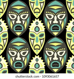 Seamless Background. Tribal Seamless Pattern with Color Masks for Poster or Banner. Ethnic Seamless Pattern with Color Trible Shamanic Masks for your Design. Vector Texture.