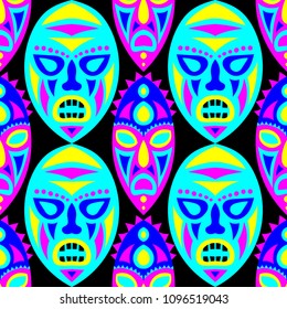 Seamless Background. Tribal Seamless Pattern with Color Masks for Textile or Paper. Ethnic Seamless Pattern with Color Trible Shamanic Masks for your Design. Vector Texture.