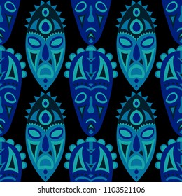 Seamless Background. Tribal Seamless Pattern with Color Masks for Card or Poster. Ethnic Seamless Background with Color Trible Ritual Masks for your Design. Vector Texture.