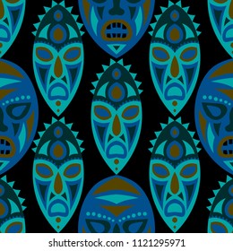 Seamless Background. Tribal Seamless Pattern with Color Masks for Print or Card. Ethnic Seamless Pattern with Color Tribe Shamanic Masks for your Design. Vector Texture.