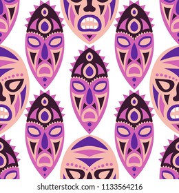 Seamless Background. Tribal Seamless Pattern with Color Masks for Poster or Banner. Ethnic Seamless Background with Color Trible Ritual Masks for your Design. Vector Texture.