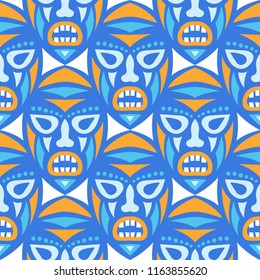 Seamless Background. Tribal Seamless Pattern with Color Masks for Card or Poster. Ethnic Seamless Pattern with Color Trible Shamanic Masks for your Design. Vector Texture.