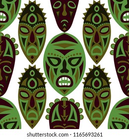 Seamless Background. Tribal Seamless Pattern with Color Masks for Poster or Banner. Ethnic Seamless Pattern with Color Trible Shamanic Masks for your Design. Vector Texture.