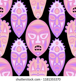 Seamless Background. Tribal Seamless Pattern with Color Masks for Print or Card. Ethnic Seamless Pattern with Color Trible Shamanic Masks for your Design. Vector Texture.