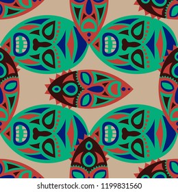 Seamless Background. Tribal Seamless Pattern with Color Masks for Card or Poster. Ethnic Seamless Background with Color Trible Ritual Masks for your Design. Vector Texture.