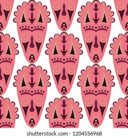 Seamless Background. Tribal Seamless Pattern with Color Masks for Poster or Banner. Ethnic Seamless Pattern with Color Trible Shamanic Masks for your Design. Vector Texture.