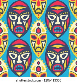 Seamless Background. Tribal Seamless Pattern with Color Masks for Print or Card. Ethnic Seamless Pattern with Color Trible Shamanic Masks for your Design. Vector Texture.