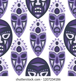 Seamless Background. Tribal Seamless Pattern with Color Masks for Card or Poster. Ethnic Seamless Background with Color Trible Ritual Masks for your Design. Vector Texture.