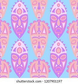 Seamless Background. Tribal Seamless Pattern with Color Masks for Card or Poster. Ethnic Seamless Pattern with Color Trible Shamanic Masks for your Design. Vector Texture.