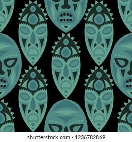 Seamless Background. Tribal Seamless Pattern with Color Masks for Poster or Banner. Ethnic Seamless Pattern with Color Trible Shamanic Masks for your Design. Vector Texture.