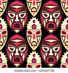Seamless Background. Tribal Seamless Pattern with Color Masks for Textile or Paper. Ethnic Seamless Background with Color Tribal Ritual Masks for your Design. Vector Texture.