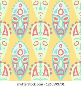 Seamless Background. Tribal Seamless Pattern with Color Masks for Poster or Banner. Ethnic Seamless Pattern with Color Trible Shamanic Masks for your Design. Vector Texture.