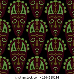 Seamless Background. Tribal Seamless Pattern with Color Masks for Textile or Paper. Ethnic Seamless Pattern with Color Trible Shamanic Masks for your Design. Vector Texture.