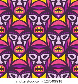 Seamless Background. Tribal Seamless Pattern with Color Masks for Textile or Paper. Ethnic Seamless Pattern with Color Trible Shamanic Masks for your Design. Vector Texture.